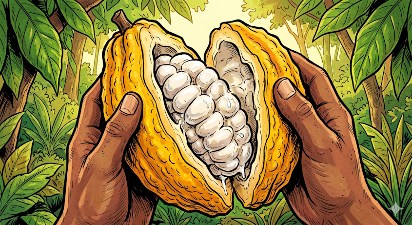 Manos abriendo una mazorca de cacao